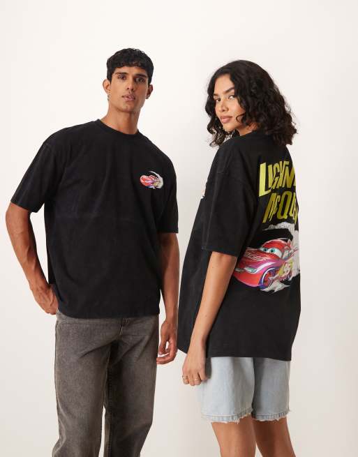 ASOS DESIGN Disney Pixar Unisex oversized t-shirt with Lightning McQueen Cars print in washed black 