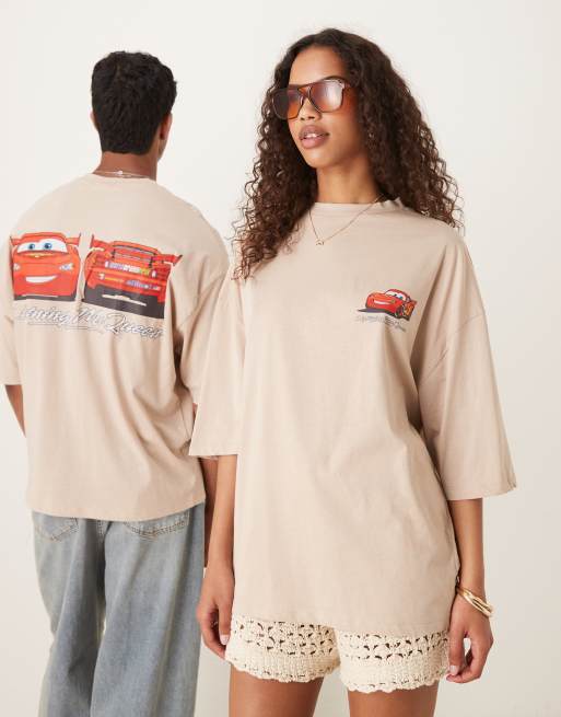 ASOS DESIGN Disney Pixar unisex oversized t-shirt with Lightning McQueen prints in beige