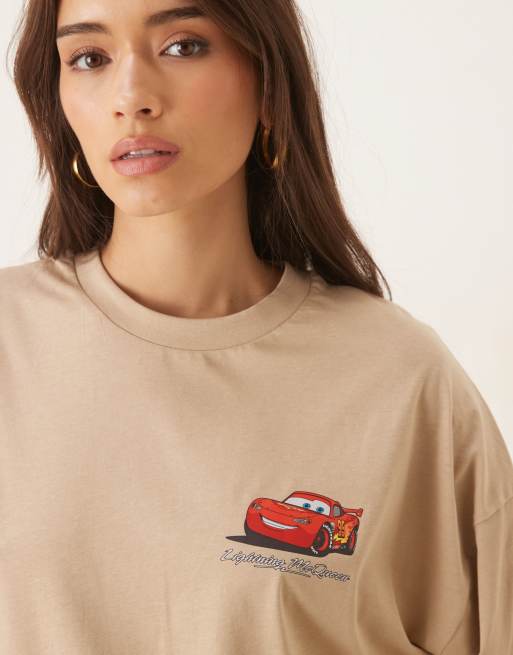 ASOS DESIGN Disney Pixar unisex oversized T-shirt with Lightning McQueen prints in beige