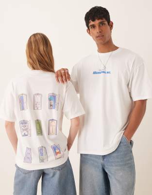 Asos Design Disney Pixar Unisex Oversized T-shirt With Monsters Inc Multi Prints In White