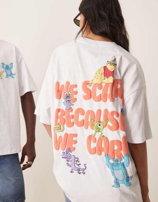 ASOS DESIGN Disney Pixar unisex oversized T-shirt with Monsters Inc prints in white 