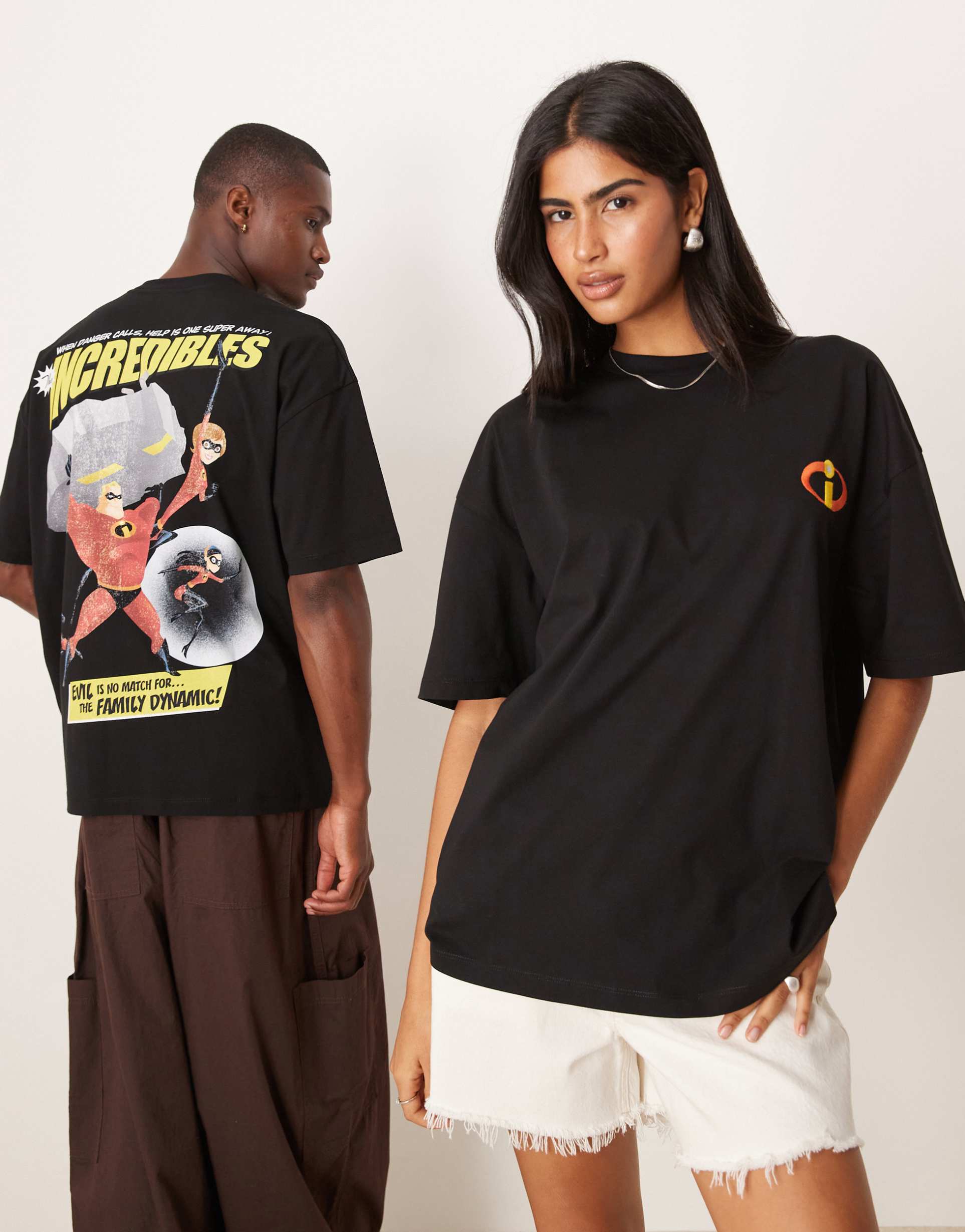 asos design disney pixar unisex oversized t-shirt with the incredibles prints in black