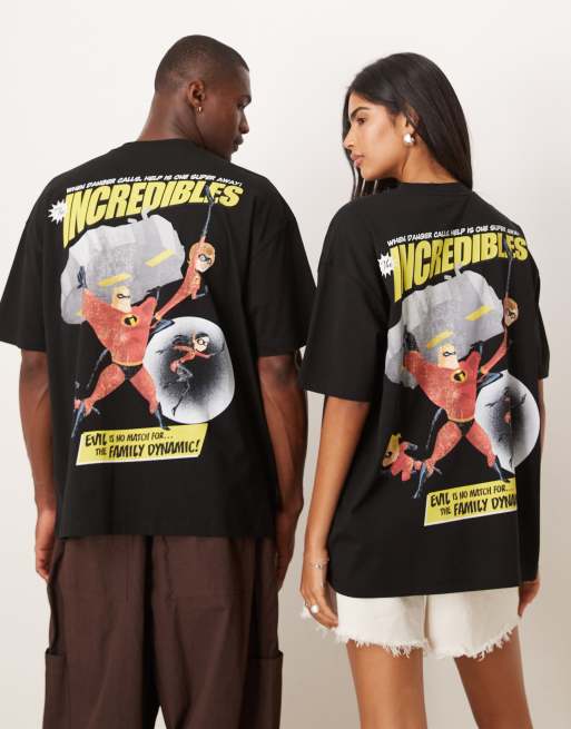 ASOS DESIGN Disney Pixar unisex oversized T-shirt with The Incredibles prints in black