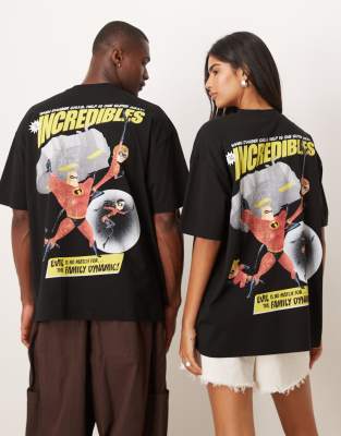 ASOS DESIGN Disney Pixar unisex oversized T-shirt with The Incredibles prints in black