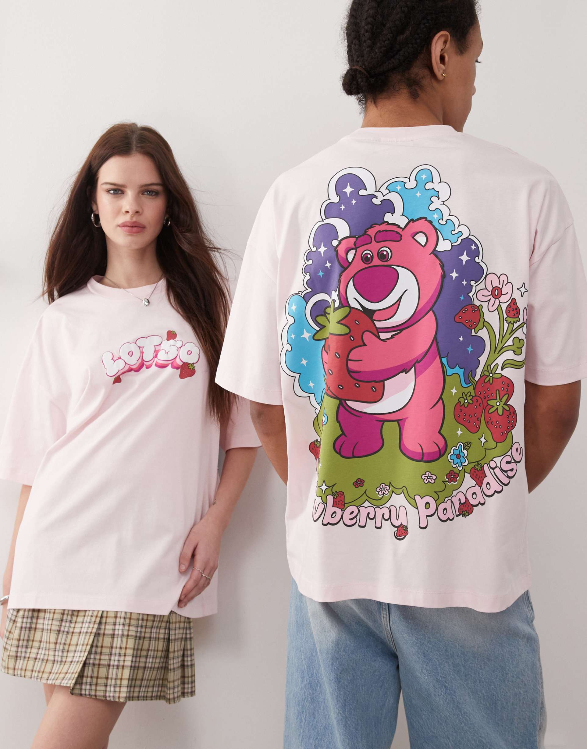 asos design disney pixar unisex oversized t-shirt with toy story lotso prints in light pink