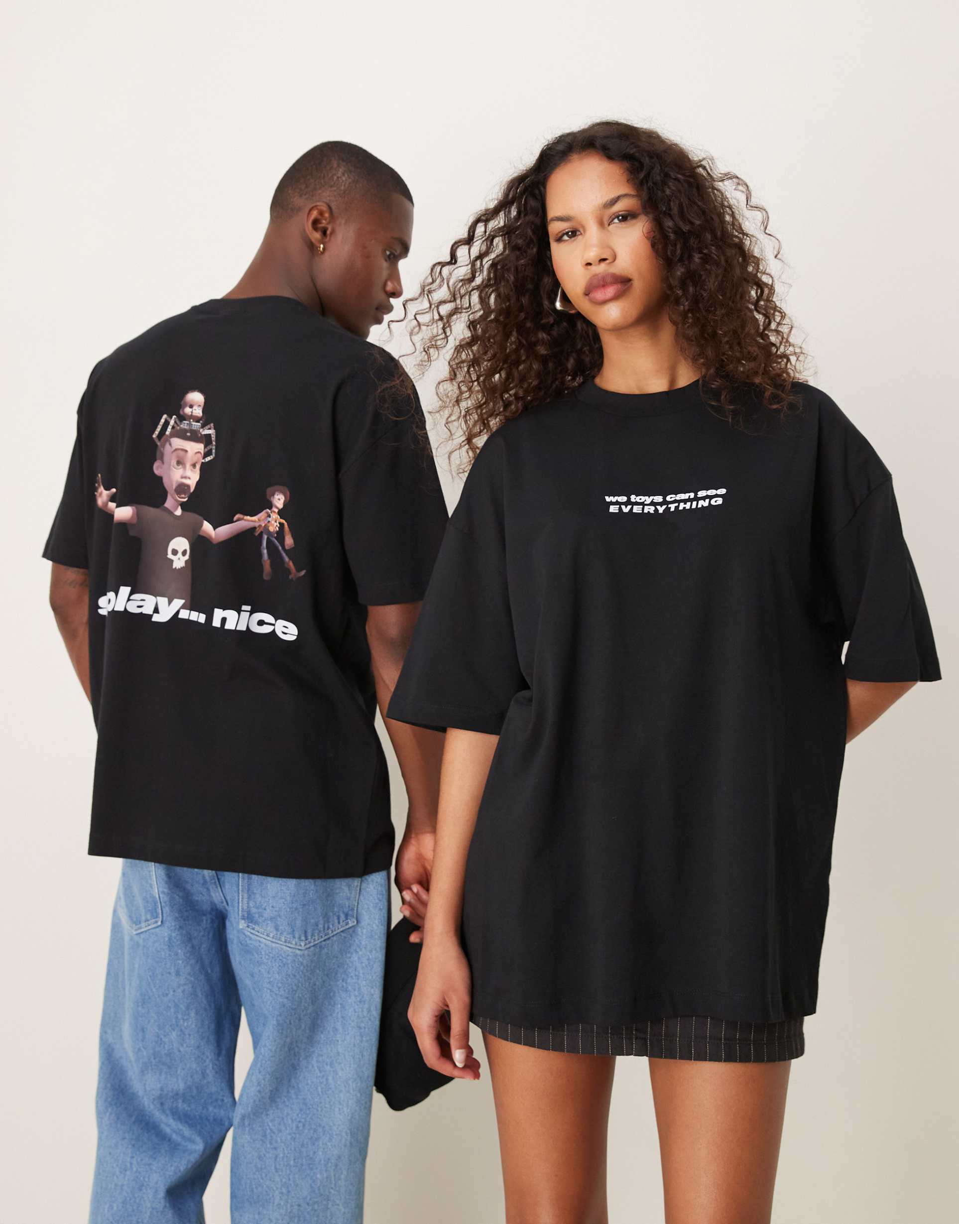 asos design disney pixar unisex oversized t-shirt with toy story sid prints in black