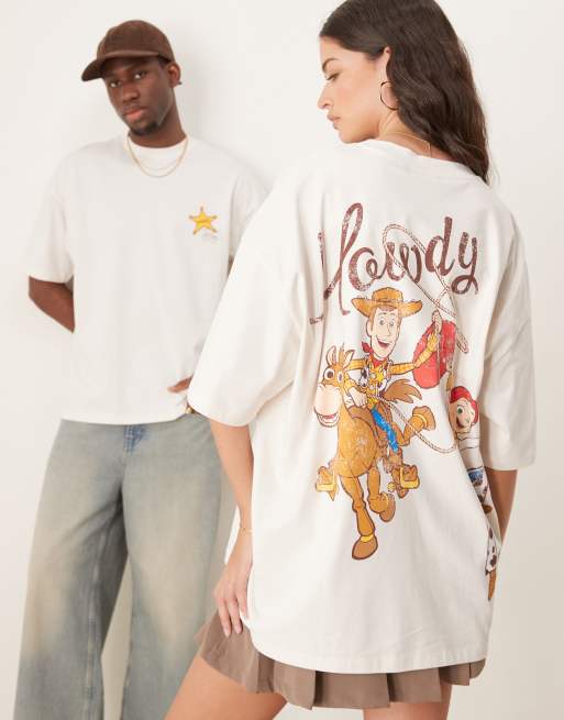 ASOS DESIGN Disney Pixar unisex oversized t-shirt with Toy Story Woody & Jessie prints in stone