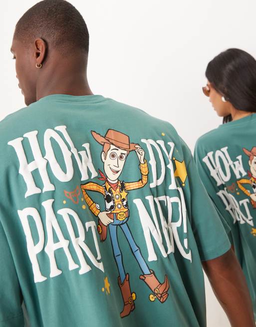 ASOS DESIGN Disney Pixar Unisex oversized t-shirt with Woody Toy Story prints in green