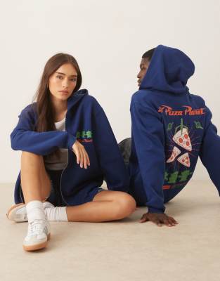 ASOS DESIGN Disney Pixar unisex Relaxed hoodie with Pizza Planet print in navy
