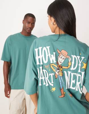 ASOS DESIGN - Disney Pixar - Unisex-T-Shirt in Grün mit Woody-Toy-Story-Prints und Oversize-Schnitt