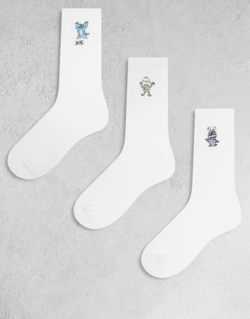 ASOS DESIGN – Disney Pixar – Zestaw 3 par białych skarpetek z haftowanym motywem z filmu „Potwory i spółka“