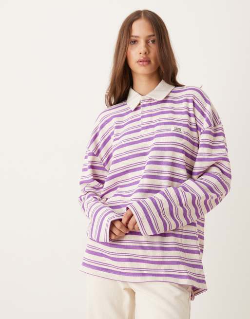 ASOS DESIGN - Disney - Polo a maniche lunghe oversize rosa gessata con stampa di Topolino, 4 di 4
