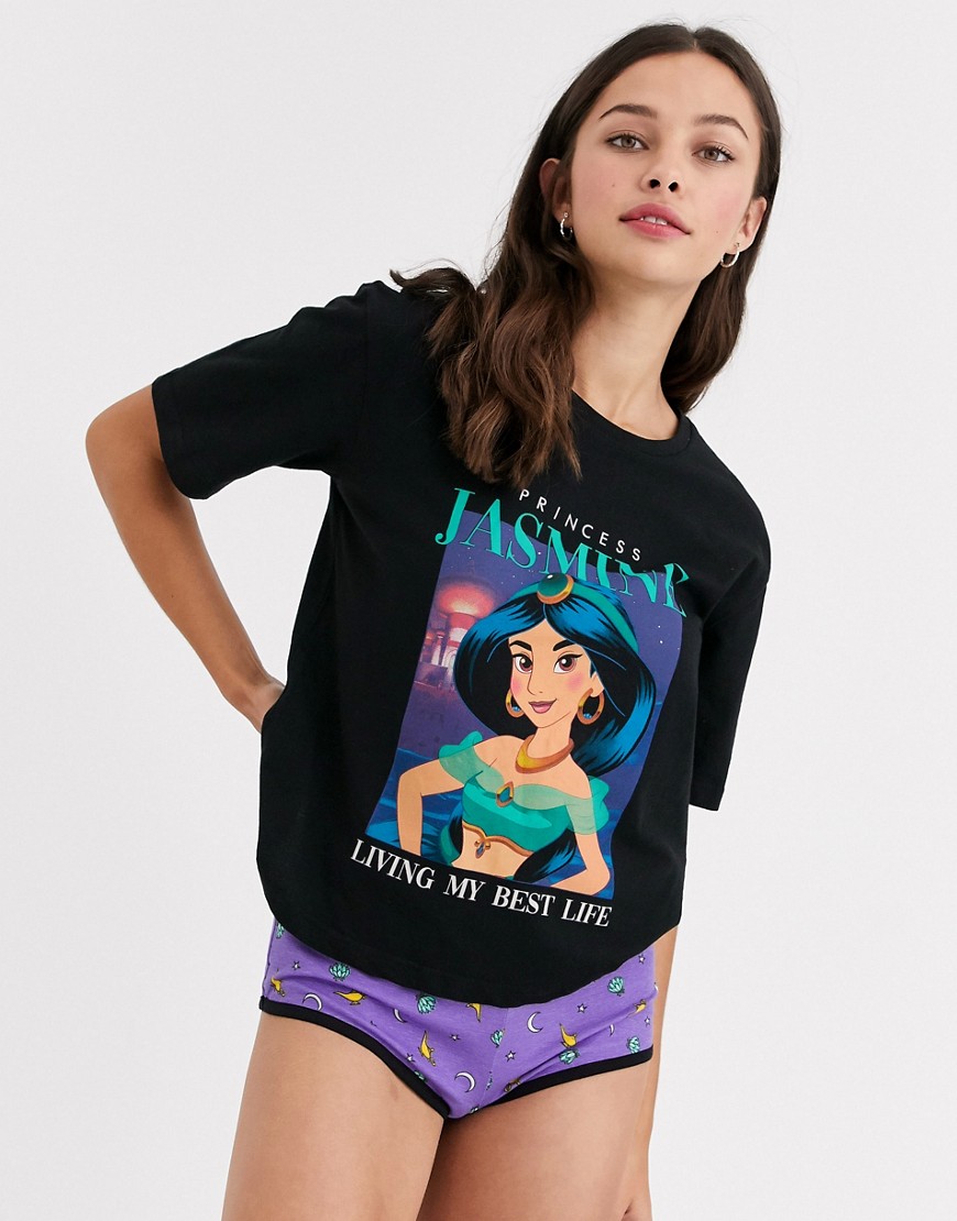 ASOS DESIGN – Disney Princess Jasmine – Pyjamas med t-shirt och shorts-Flerfärgad