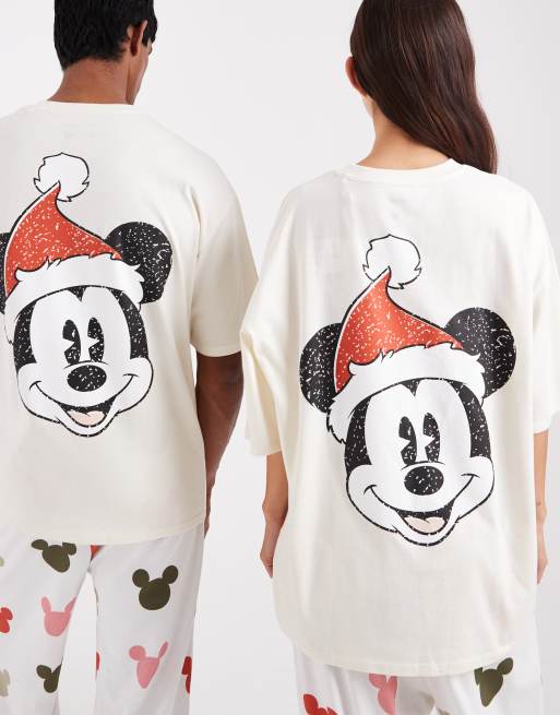 ASOS DESIGN Disney pyjama set with Christmas Mickey Mouse graphic in cream, 3 of 4