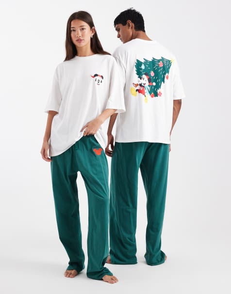 ASOS DESIGN Disney pyjama set with Christmas Mickey Mouse print in green - view 1