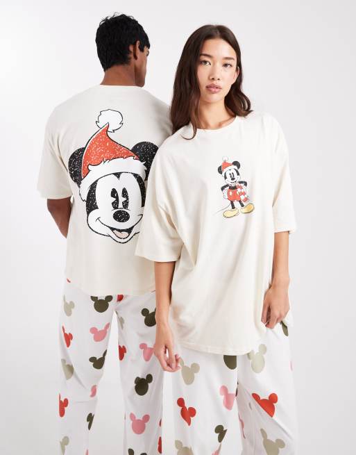 ASOS DESIGN - Disney - Pyjamaset met grafische Mickey Mouse-kerstprint in crème, 2 van 4