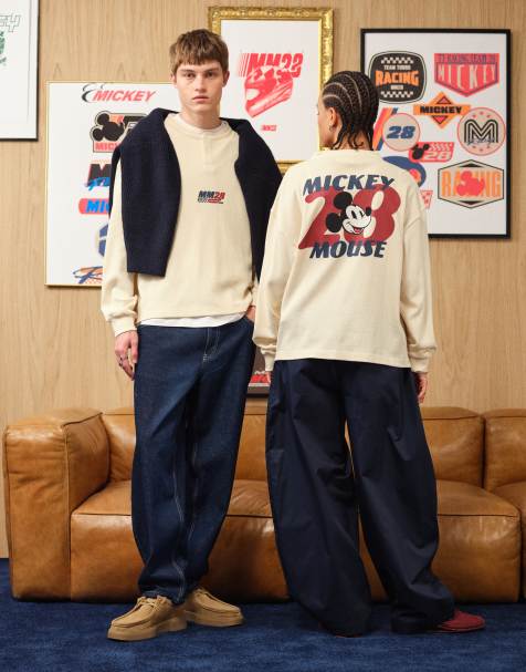ASOS DESIGN Disney racing boxy long sleeve t-shirt with Mickey prints in cream - view 1