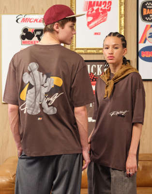 Asos Design Disney Racing Oversized T-shirt With Mickey Prints In Brown