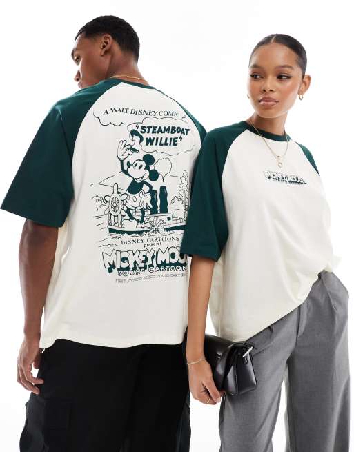 ASOS DESIGN Disney – Raglanowy T-shirt oversize w kolorze złamanej bieli i zielonym z motywem Parowca Willie