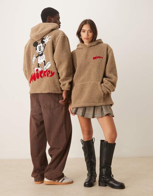 ASOS DESIGN Disney oversized borg hoodie with Mickey Mouse print in beige
