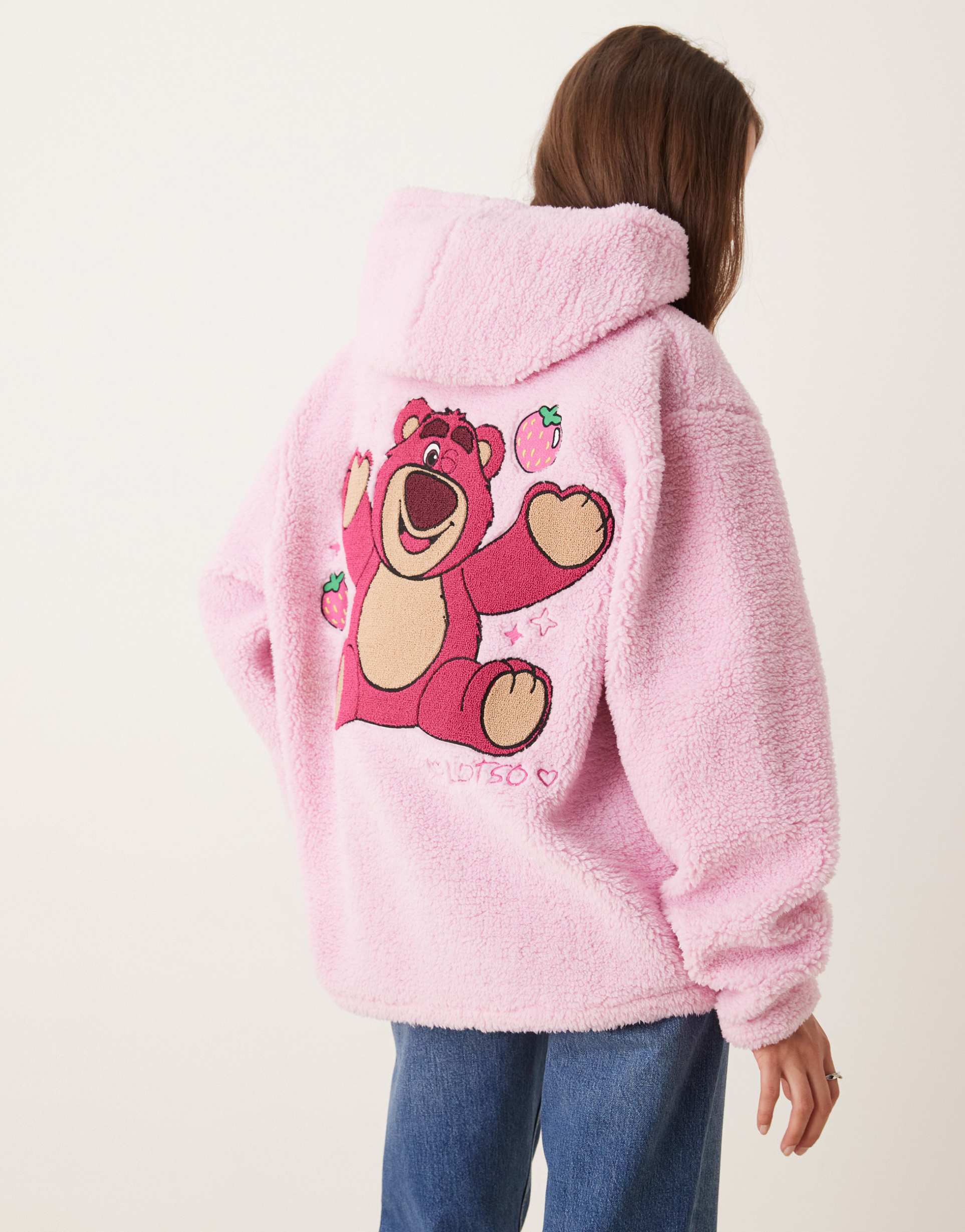 asos design disney relaxed borg hoodie with mickey mouse print in pink