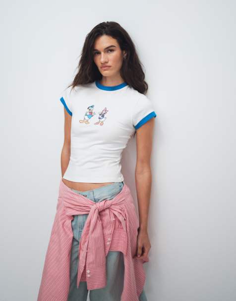 ASOS DESIGN Disney ringer baby tee med Donald og Daisy Duck-print i hvid - view 1