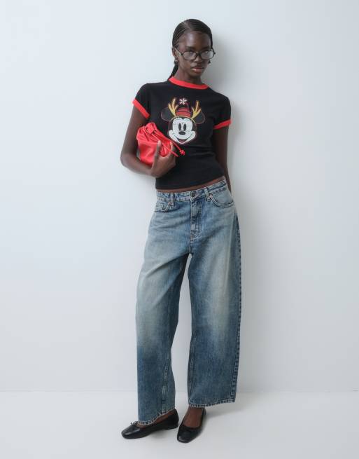 ASOS DESIGN Disney ringer baby tee with distressed Minnie reindeer print in black, 3 of 5