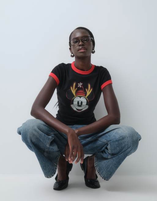 ASOS DESIGN Disney ringer baby tee with distressed Minnie reindeer print in black, 5 of 5