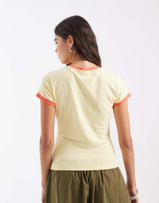 ASOS DESIGN Disney ringer baby tee with Mickey Mouse puff print in buttermilk yellow, 4 of 4