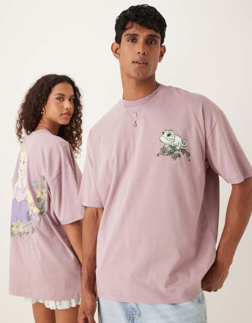 ASOS DESIGN – Disney – Różowy T-shirt oversize z nadrukami z bajki „Zaplątani”
