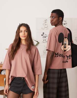 ASOS DESIGN - Disney - Schweres Unisex-T-Shirt in Staubrosa mit kastigem Oversize-Schnitt und großer „Mickey Mouse"-Stic...