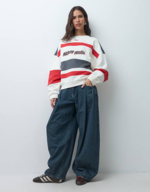 ASOS DESIGN Disney stripe contrast sweatshirt with Mickey Mouse print in white, 2 of 4