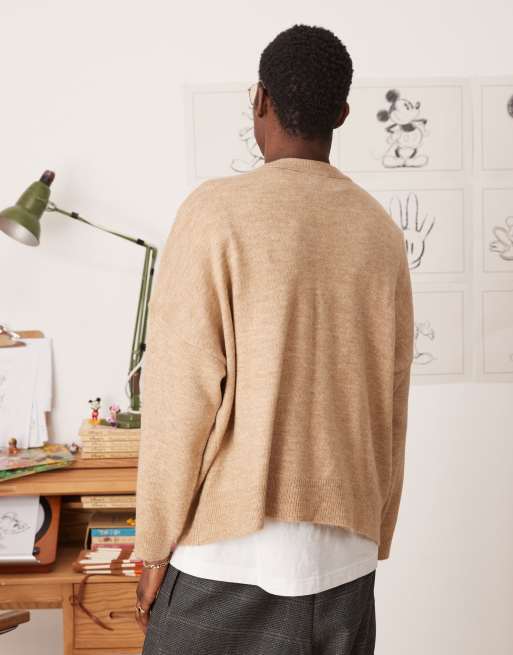 ASOS DESIGN Disney super oversized boxy fit knitted crew neck jumper with Mickey Mouse embroidery in beige, 3 of 4