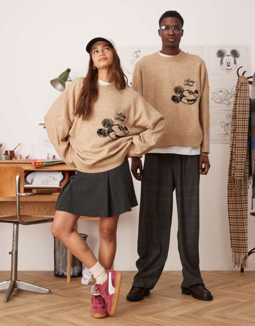 ASOS DESIGN Disney super oversized boxy fit knitted crew neck jumper with Mickey Mouse embroidery in beige, 4 of 4
