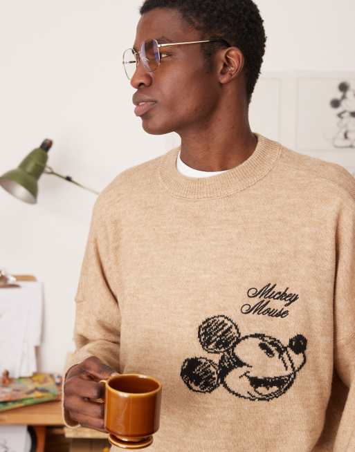 ASOS DESIGN Disney super oversized boxy fit knitted crew neck sweater with Mickey Mouse embroidery in beige, 2 of 4