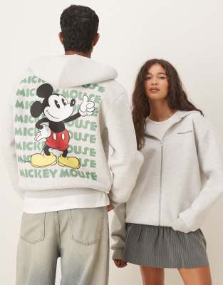 ASOS DESIGN - Disney - Sweat à capuche unisexe oversize à col zippé façon néoprène avec imprimé Mickey Mouse - Gris