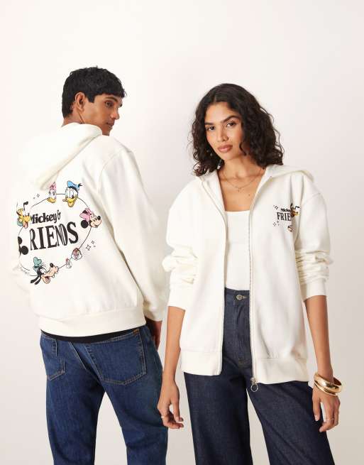 ASOS DESIGN - Disney - Sweat à capuche unisexe oversize zippé à imprimé Mickey et ses amis - Crème 