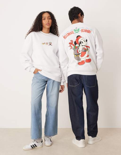  ASOS DESIGN - Disney - Sweat oversize de Noël avec imprimé Mickey et ses amis à Noël - Blanc