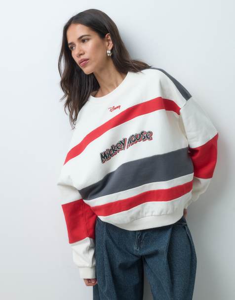 ASOS DESIGN Disney sweatshirt met contrasterende strepen en Mickey Mouse-print in wit - view 1