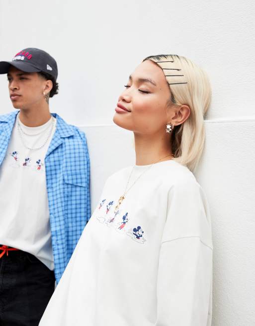 ASOS DESIGN – Disney – Szarobeżowy T-shirt unisex o pudełkowym kroju oversize z nadrukiem z Myszką Miki