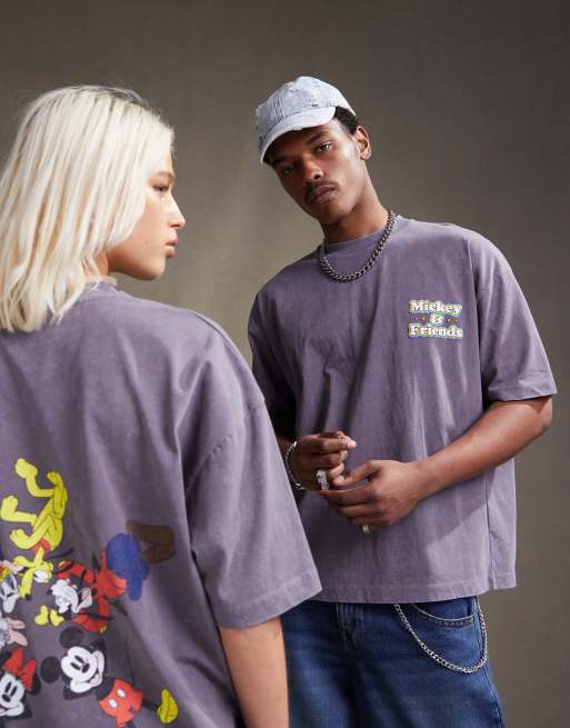 ASOS DESIGN Disney – Szary sprany T-shirt unisex o fasonie oversize z grafiką Mickey Mouse & Friends