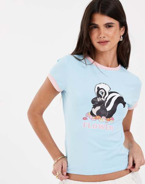 ASOS DESIGN Disney t-shirt bébé à bordures contrastées avec imprimé Flower en bleu bébé - view 1