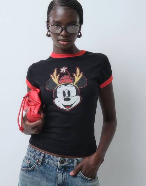 ASOS DESIGN Disney t-shirt bébé ringer à imprimé Minnie renne effet vieilli noir - view 1