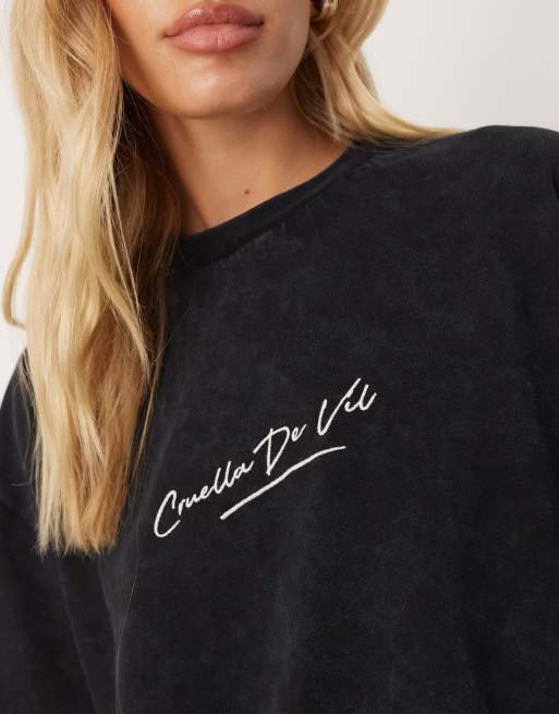ASOS DESIGN - Disney - T-shirt Halloween et oversize à imprimés Cruella - Noir délavé, 3 de 4