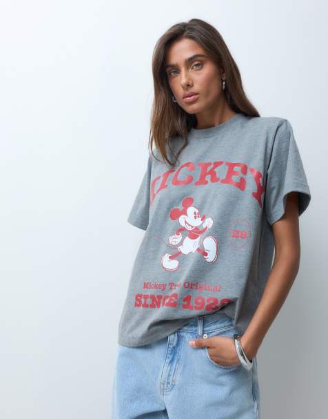 ASOS DESIGN Disney t-shirt oversize à épaulettes avec imprimé varsity Mickey Mouse en gris chiné - view 1
