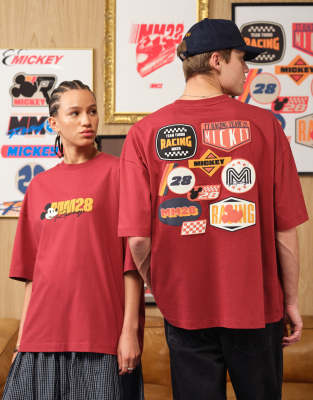 Disney - T-shirt oversize à imprimé course et motif Mickey - Bordeaux-Rouge 2XL