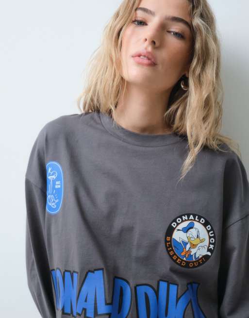 ASOS DESIGN Disney T-shirt oversize a maniche lunghe con stampa di Paperino nera, 5 di 10