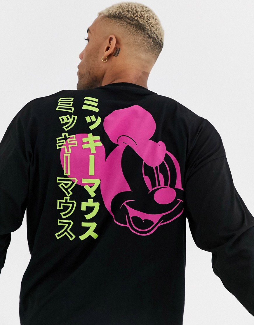 ASOS DESIGN - Disney - T-shirt oversize a maniche lunghe con stampa giapponese di Topolino con scritta goffrata-Nero