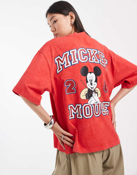 ASOS DESIGN Disney t-shirt oversize délavé avec imprimé varsity Mickey Mouse en rouge - view 1