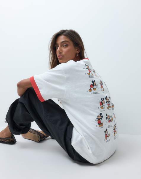 ASOS DESIGN Disney t-shirt oversize en slub à col contrasté avec imprimé Mickey Mouse en blanc - view 1